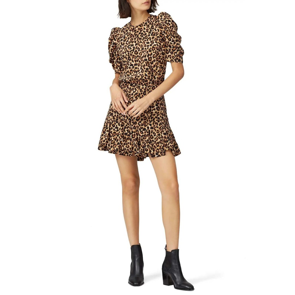 Veronica Beard Lila Puff-Sleeve Leopard-Print Flounce Silk Dress Size 8